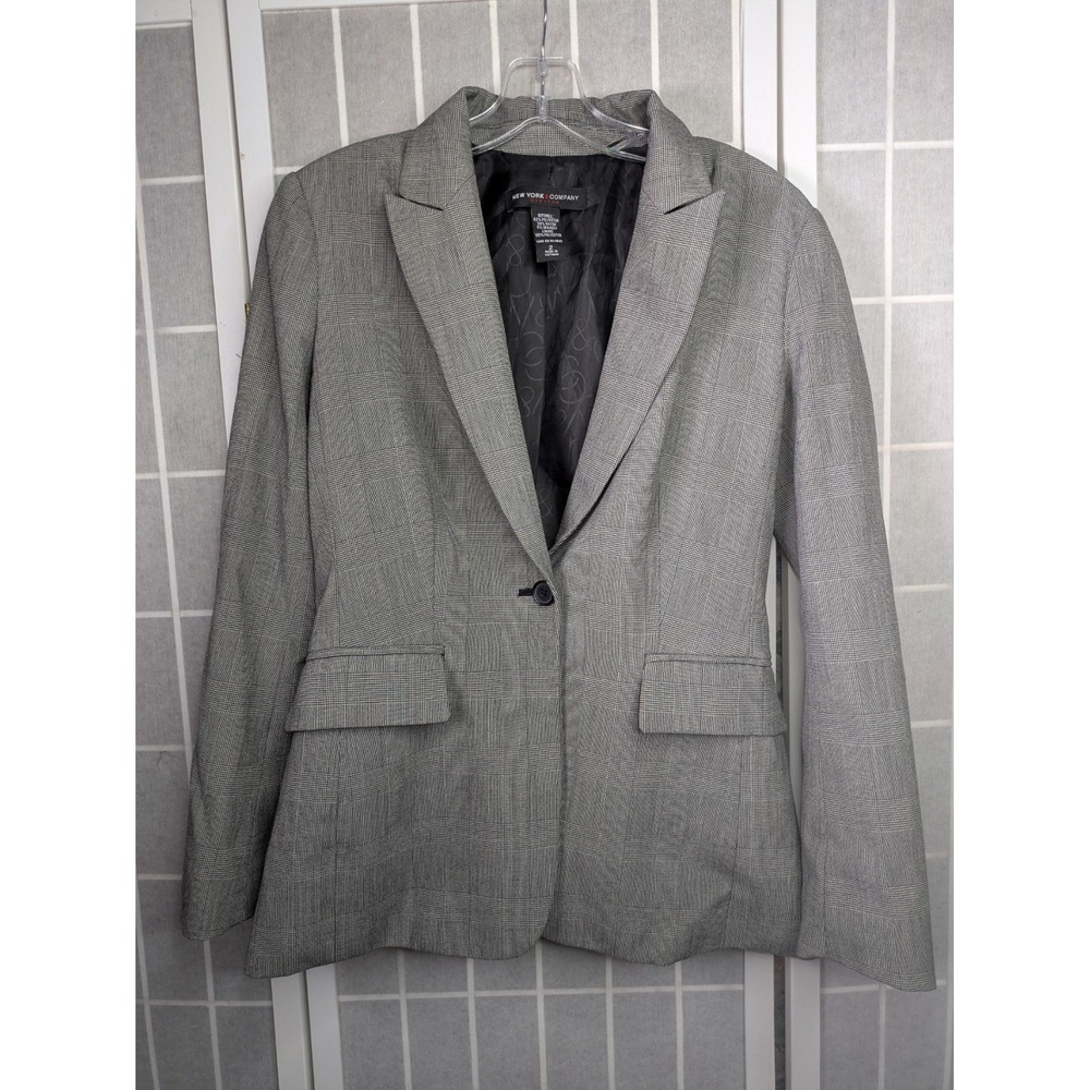 New York & Company Stretch Womens Blazer 2 Grey Black Houndstooth Plaid Pockets